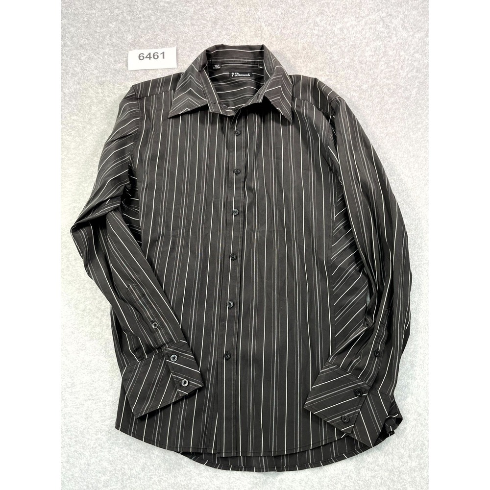 7 Diamonds Shirt Mens Large Black Striped Stretch Collared Button Up Casual
